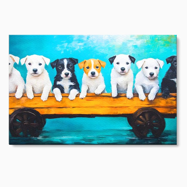 Fotoleinwand Canvas Premium, LuxCanva® M1272, Welpen-Expedition, Hunde-Expedition, Kutsche, Herr, Gruppe, Hund, Spiel, Rustikal, Freunde, Abenteuer, Abenteuer, fröhlich, Rad, Holz, Malerei, Büro, Wohnen, Wohnzimmer, Kinderzimmer