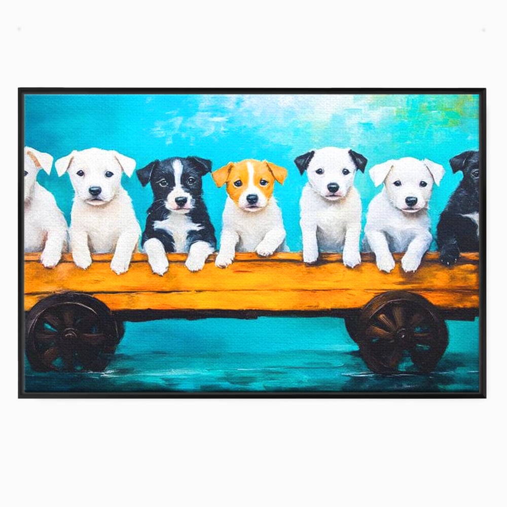 Fotoleinwand Canvas Premium, LuxCanva® M1272, Welpen-Expedition, Hunde-Expedition, Kutsche, Herr, Gruppe, Hund, Spiel, Rustikal, Freunde, Abenteuer, Abenteuer, fröhlich, Rad, Holz, Malerei, Büro, Wohnen, Wohnzimmer, Kinderzimmer
