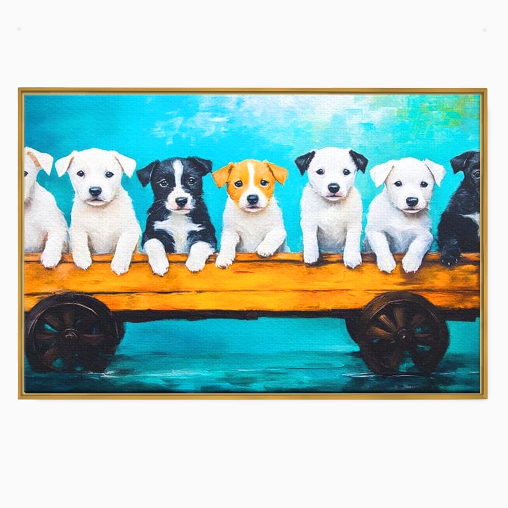 Fotoleinwand Canvas Premium, LuxCanva® M1272, Welpen-Expedition, Hunde-Expedition, Kutsche, Herr, Gruppe, Hund, Spiel, Rustikal, Freunde, Abenteuer, Abenteuer, fröhlich, Rad, Holz, Malerei, Büro, Wohnen, Wohnzimmer, Kinderzimmer