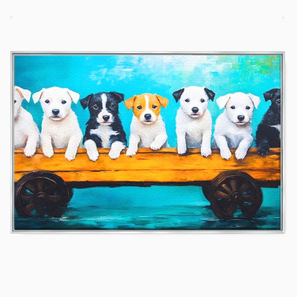 Fotoleinwand Canvas Premium, LuxCanva® M1272, Welpen-Expedition, Hunde-Expedition, Kutsche, Herr, Gruppe, Hund, Spiel, Rustikal, Freunde, Abenteuer, Abenteuer, fröhlich, Rad, Holz, Malerei, Büro, Wohnen, Wohnzimmer, Kinderzimmer