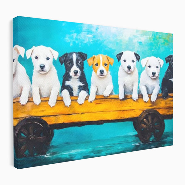Fotoleinwand Canvas Premium, LuxCanva® M1272, Welpen-Expedition, Hunde-Expedition, Kutsche, Herr, Gruppe, Hund, Spiel, Rustikal, Freunde, Abenteuer, Abenteuer, fröhlich, Rad, Holz, Malerei, Büro, Wohnen, Wohnzimmer, Kinderzimmer