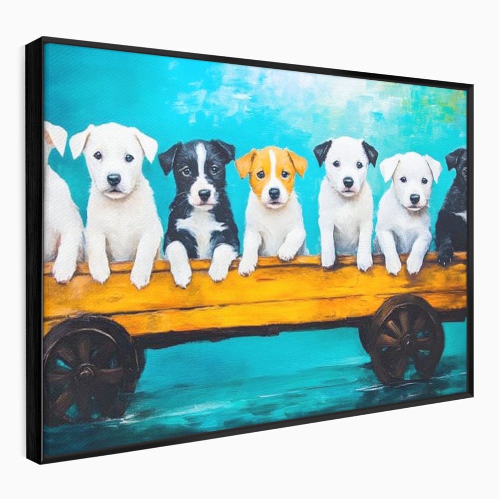 Fotoleinwand Canvas Premium, LuxCanva® M1272, Welpen-Expedition, Hunde-Expedition, Kutsche, Herr, Gruppe, Hund, Spiel, Rustikal, Freunde, Abenteuer, Abenteuer, fröhlich, Rad, Holz, Malerei, Büro, Wohnen, Wohnzimmer, Kinderzimmer