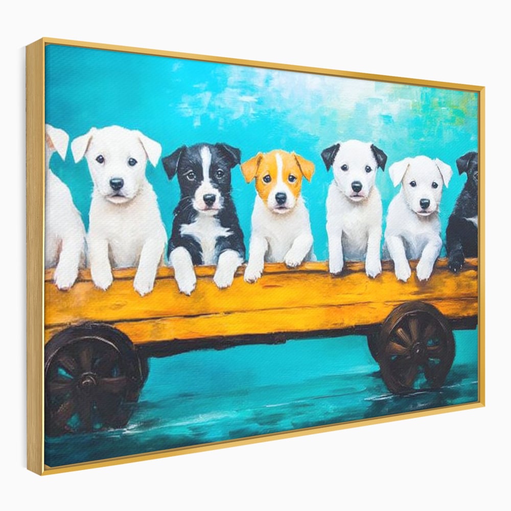 Fotoleinwand Canvas Premium, LuxCanva® M1272, Welpen-Expedition, Hunde-Expedition, Kutsche, Herr, Gruppe, Hund, Spiel, Rustikal, Freunde, Abenteuer, Abenteuer, fröhlich, Rad, Holz, Malerei, Büro, Wohnen, Wohnzimmer, Kinderzimmer