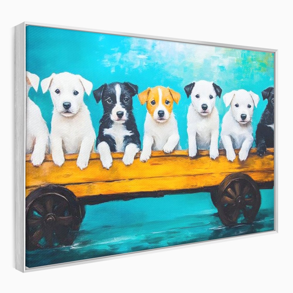Fotoleinwand Canvas Premium, LuxCanva® M1272, Welpen-Expedition, Hunde-Expedition, Kutsche, Herr, Gruppe, Hund, Spiel, Rustikal, Freunde, Abenteuer, Abenteuer, fröhlich, Rad, Holz, Malerei, Büro, Wohnen, Wohnzimmer, Kinderzimmer
