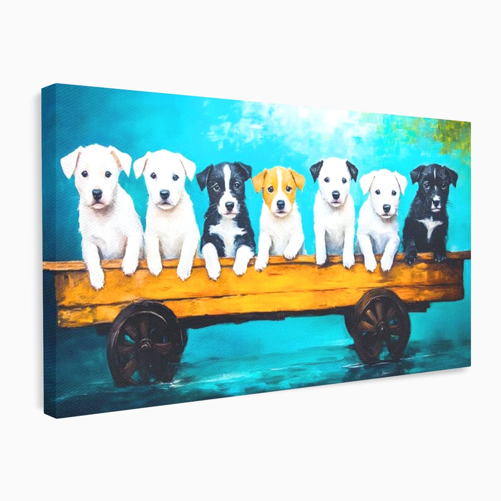 Fotoleinwand Canvas Premium, LuxCanva® M1272, Welpen-Expedition, Hunde-Expedition, Kutsche, Herr, Gruppe, Hund, Spiel, Rustikal, Freunde, Abenteuer, Abenteuer, fröhlich, Rad, Holz, Malerei, Büro, Wohnen, Wohnzimmer, Kinderzimmer