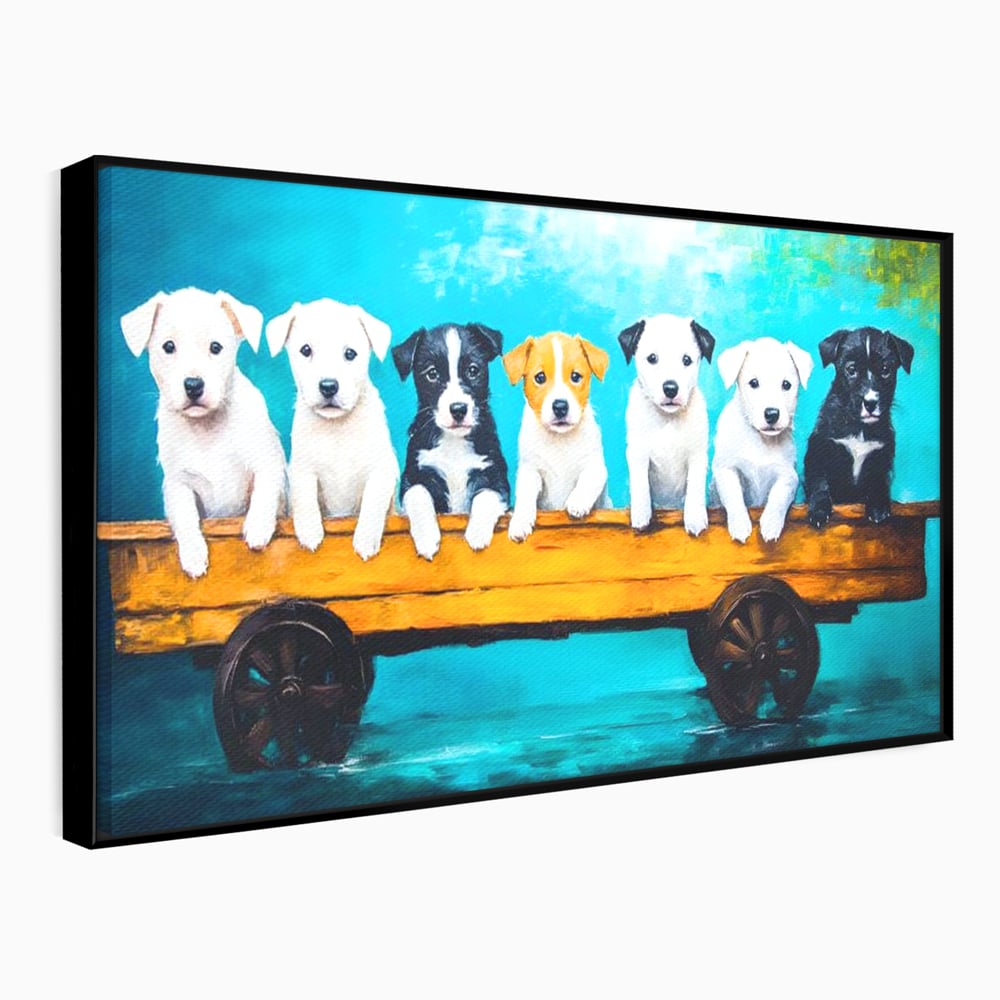 Fotoleinwand Canvas Premium, LuxCanva® M1272, Welpen-Expedition, Hunde-Expedition, Kutsche, Herr, Gruppe, Hund, Spiel, Rustikal, Freunde, Abenteuer, Abenteuer, fröhlich, Rad, Holz, Malerei, Büro, Wohnen, Wohnzimmer, Kinderzimmer