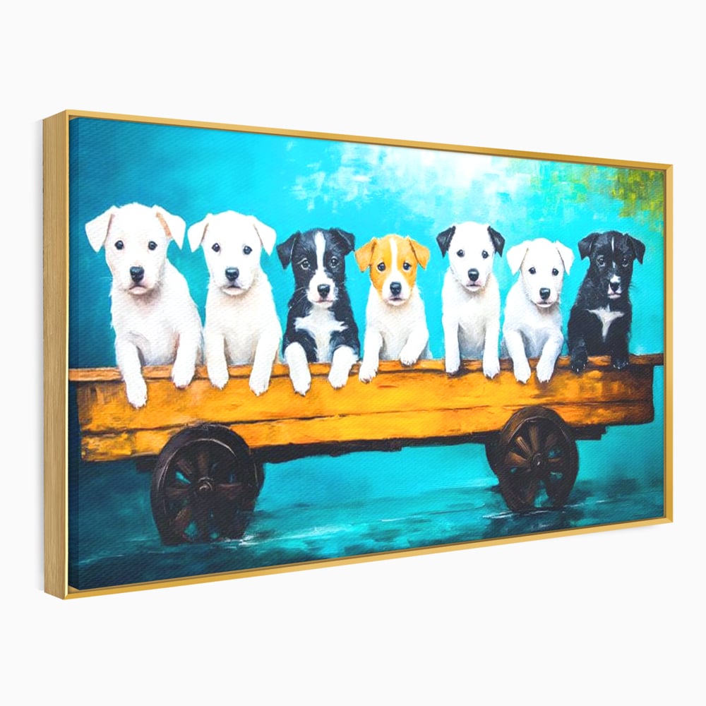Fotoleinwand Canvas Premium, LuxCanva® M1272, Welpen-Expedition, Hunde-Expedition, Kutsche, Herr, Gruppe, Hund, Spiel, Rustikal, Freunde, Abenteuer, Abenteuer, fröhlich, Rad, Holz, Malerei, Büro, Wohnen, Wohnzimmer, Kinderzimmer