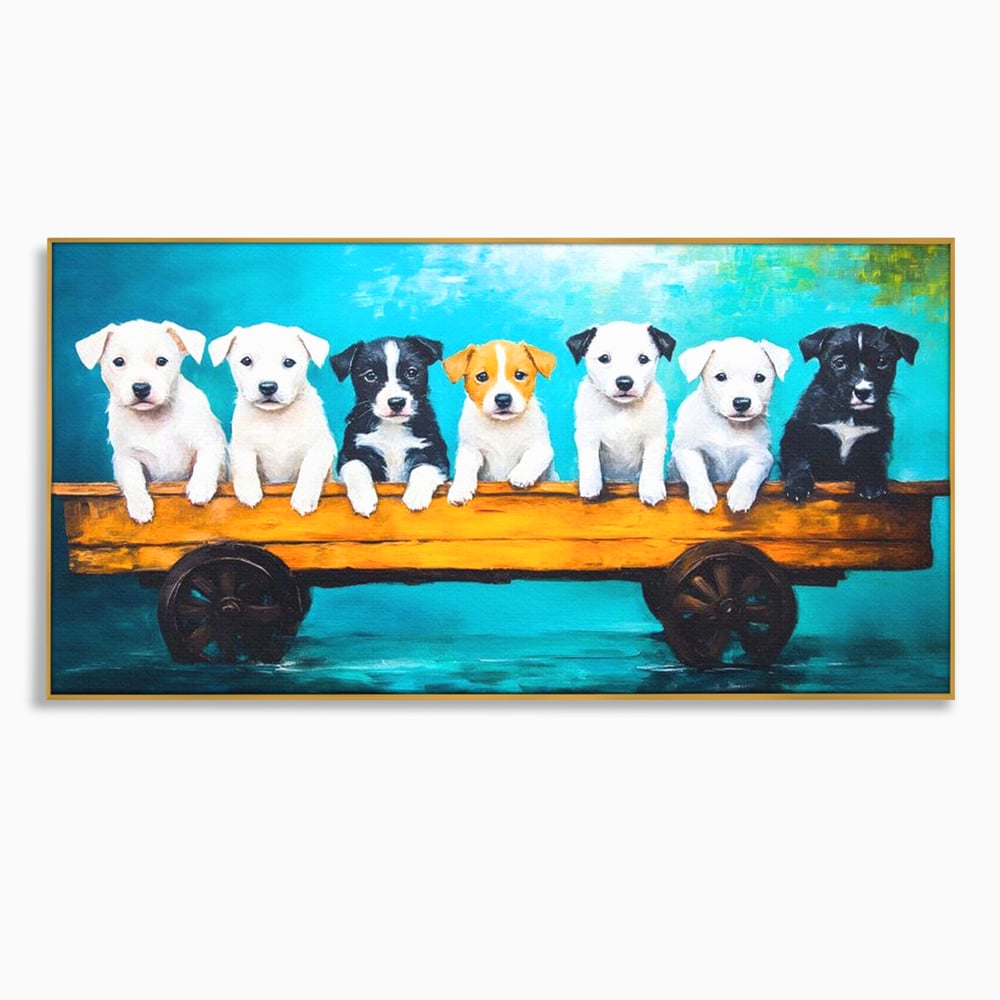Fotoleinwand Canvas Premium, LuxCanva® M1272, Welpen-Expedition, Hunde-Expedition, Kutsche, Herr, Gruppe, Hund, Spiel, Rustikal, Freunde, Abenteuer, Abenteuer, fröhlich, Rad, Holz, Malerei, Büro, Wohnen, Wohnzimmer, Kinderzimmer