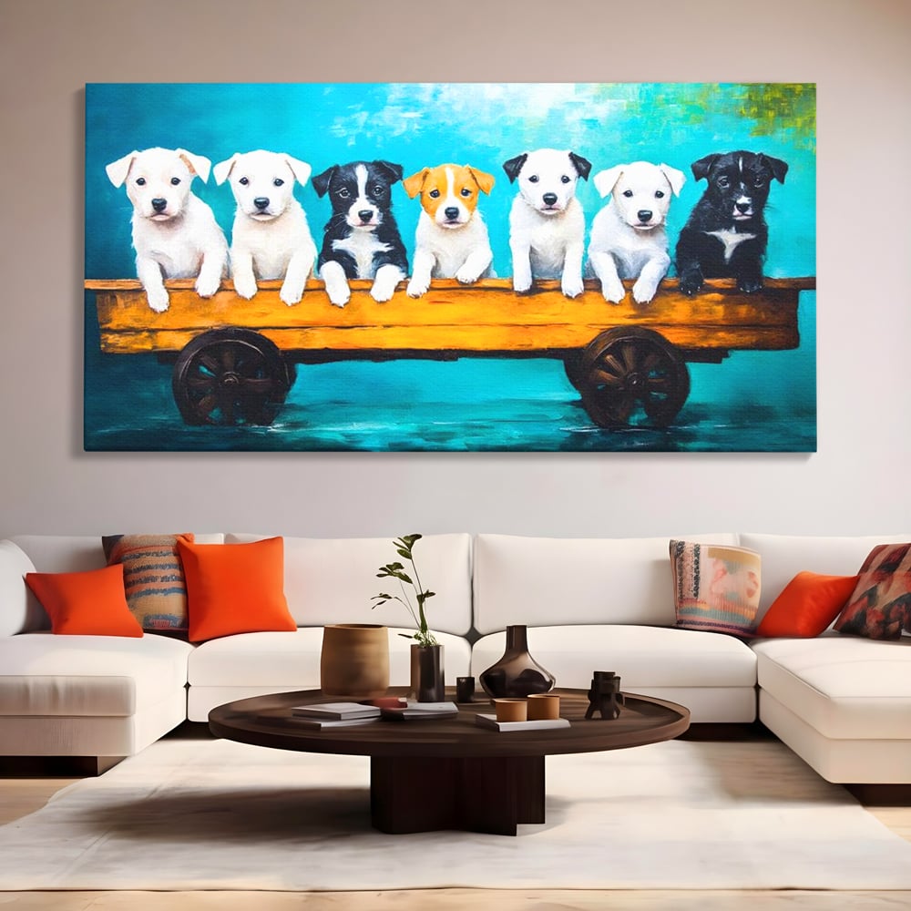 Fotoleinwand Canvas Premium, LuxCanva® M1272, Welpen-Expedition, Hunde-Expedition, Kutsche, Herr, Gruppe, Hund, Spiel, Rustikal, Freunde, Abenteuer, Abenteuer, fröhlich, Rad, Holz, Malerei, Büro, Wohnen, Wohnzimmer, Kinderzimmer