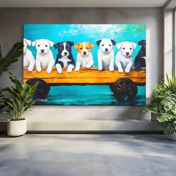 Fotoleinwand Canvas Premium, LuxCanva® M1272, Welpen-Expedition, Hunde-Expedition, Kutsche, Herr, Gruppe, Hund, Spiel, Rustikal, Freunde, Abenteuer, Abenteuer, fröhlich, Rad, Holz, Malerei, Büro, Wohnen, Wohnzimmer, Kinderzimmer
