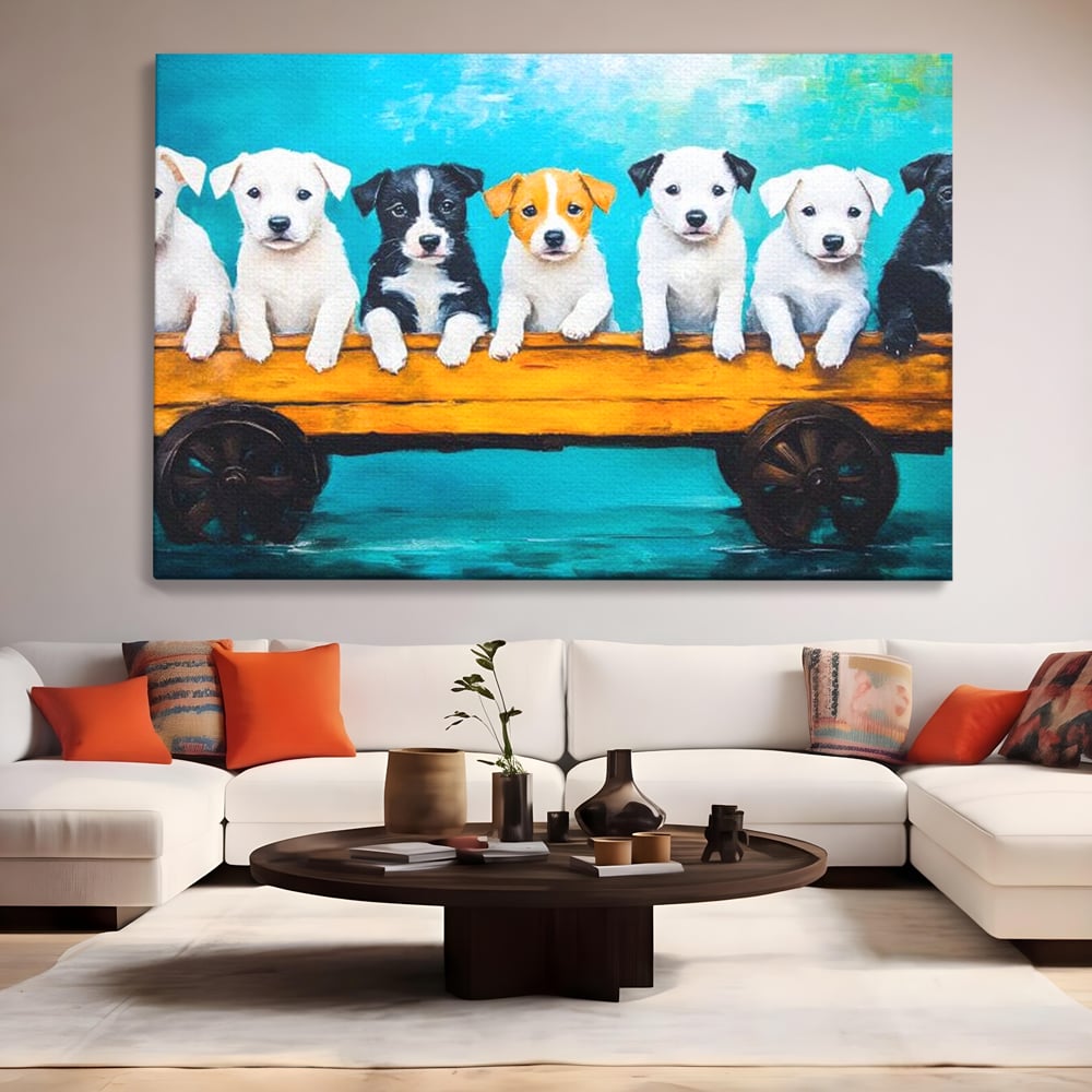 Fotoleinwand Canvas Premium, LuxCanva® M1272, Welpen-Expedition, Hunde-Expedition, Kutsche, Herr, Gruppe, Hund, Spiel, Rustikal, Freunde, Abenteuer, Abenteuer, fröhlich, Rad, Holz, Malerei, Büro, Wohnen, Wohnzimmer, Kinderzimmer