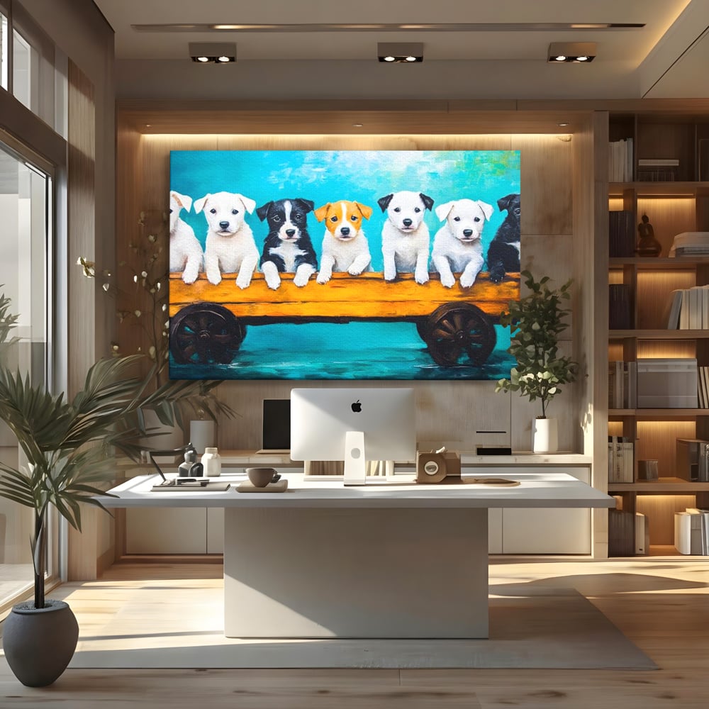 Fotoleinwand Canvas Premium, LuxCanva® M1272, Welpen-Expedition, Hunde-Expedition, Kutsche, Herr, Gruppe, Hund, Spiel, Rustikal, Freunde, Abenteuer, Abenteuer, fröhlich, Rad, Holz, Malerei, Büro, Wohnen, Wohnzimmer, Kinderzimmer