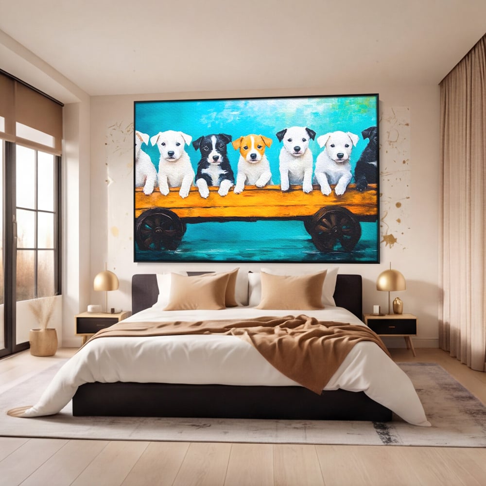 Fotoleinwand Canvas Premium, LuxCanva® M1272, Welpen-Expedition, Hunde-Expedition, Kutsche, Herr, Gruppe, Hund, Spiel, Rustikal, Freunde, Abenteuer, Abenteuer, fröhlich, Rad, Holz, Malerei, Büro, Wohnen, Wohnzimmer, Kinderzimmer