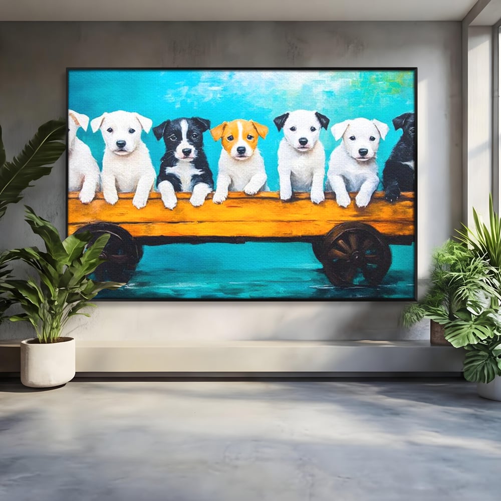 Fotoleinwand Canvas Premium, LuxCanva® M1272, Welpen-Expedition, Hunde-Expedition, Kutsche, Herr, Gruppe, Hund, Spiel, Rustikal, Freunde, Abenteuer, Abenteuer, fröhlich, Rad, Holz, Malerei, Büro, Wohnen, Wohnzimmer, Kinderzimmer