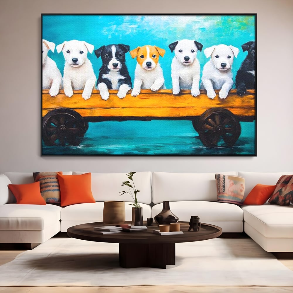 Fotoleinwand Canvas Premium, LuxCanva® M1272, Welpen-Expedition, Hunde-Expedition, Kutsche, Herr, Gruppe, Hund, Spiel, Rustikal, Freunde, Abenteuer, Abenteuer, fröhlich, Rad, Holz, Malerei, Büro, Wohnen, Wohnzimmer, Kinderzimmer