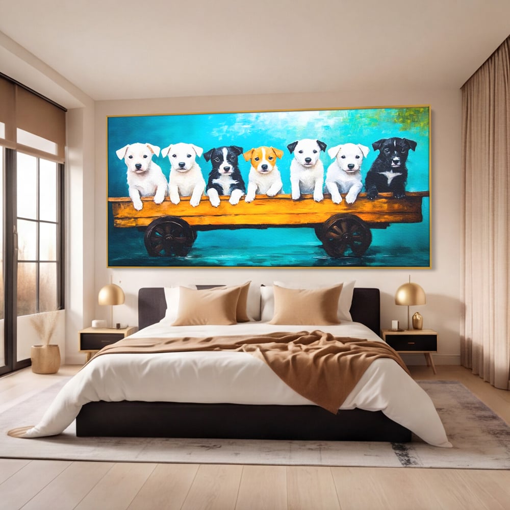 Fotoleinwand Canvas Premium, LuxCanva® M1272, Welpen-Expedition, Hunde-Expedition, Kutsche, Herr, Gruppe, Hund, Spiel, Rustikal, Freunde, Abenteuer, Abenteuer, fröhlich, Rad, Holz, Malerei, Büro, Wohnen, Wohnzimmer, Kinderzimmer