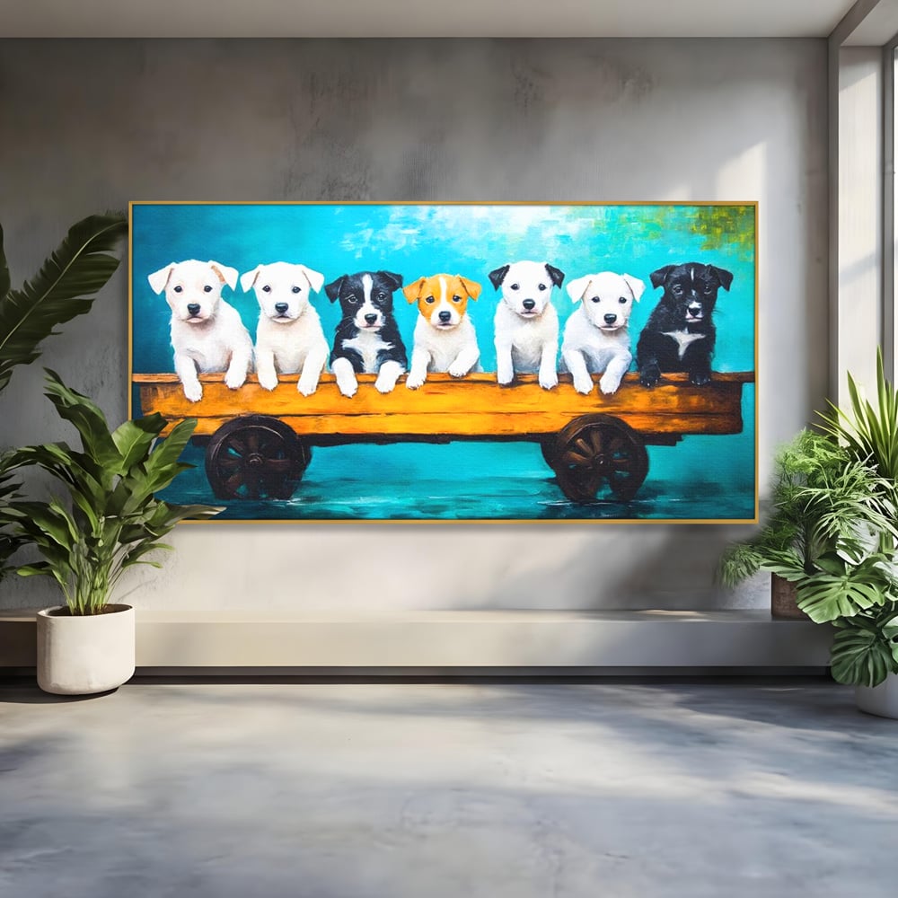 Fotoleinwand Canvas Premium, LuxCanva® M1272, Welpen-Expedition, Hunde-Expedition, Kutsche, Herr, Gruppe, Hund, Spiel, Rustikal, Freunde, Abenteuer, Abenteuer, fröhlich, Rad, Holz, Malerei, Büro, Wohnen, Wohnzimmer, Kinderzimmer