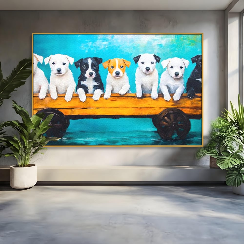 Fotoleinwand Canvas Premium, LuxCanva® M1272, Welpen-Expedition, Hunde-Expedition, Kutsche, Herr, Gruppe, Hund, Spiel, Rustikal, Freunde, Abenteuer, Abenteuer, fröhlich, Rad, Holz, Malerei, Büro, Wohnen, Wohnzimmer, Kinderzimmer