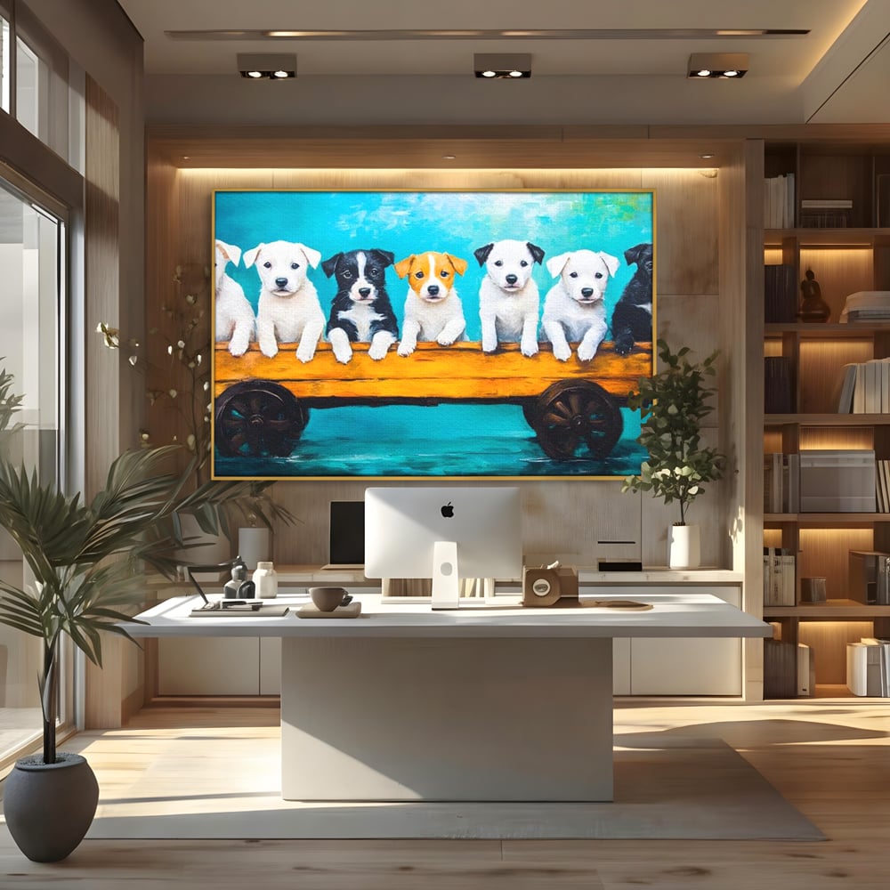 Fotoleinwand Canvas Premium, LuxCanva® M1272, Welpen-Expedition, Hunde-Expedition, Kutsche, Herr, Gruppe, Hund, Spiel, Rustikal, Freunde, Abenteuer, Abenteuer, fröhlich, Rad, Holz, Malerei, Büro, Wohnen, Wohnzimmer, Kinderzimmer