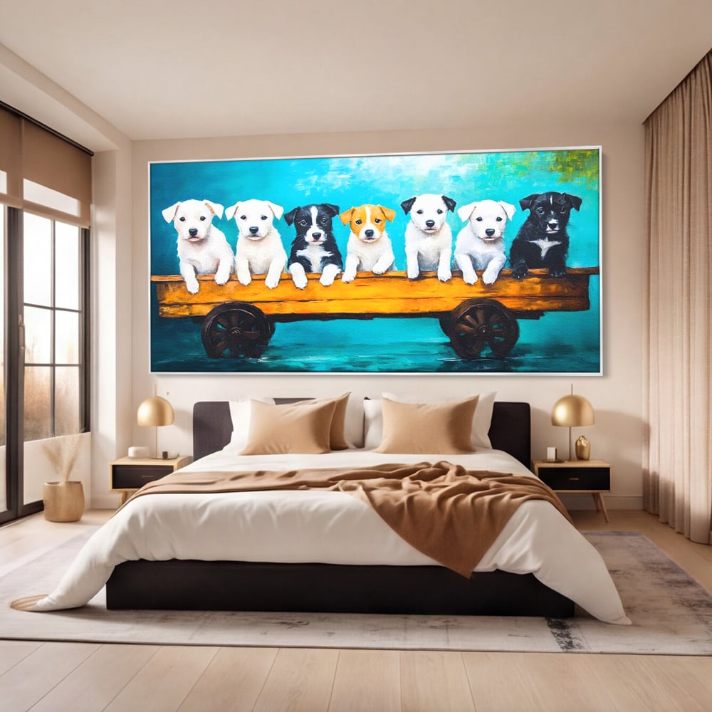 Fotoleinwand Canvas Premium, LuxCanva® M1272, Welpen-Expedition, Hunde-Expedition, Kutsche, Herr, Gruppe, Hund, Spiel, Rustikal, Freunde, Abenteuer, Abenteuer, fröhlich, Rad, Holz, Malerei, Büro, Wohnen, Wohnzimmer, Kinderzimmer
