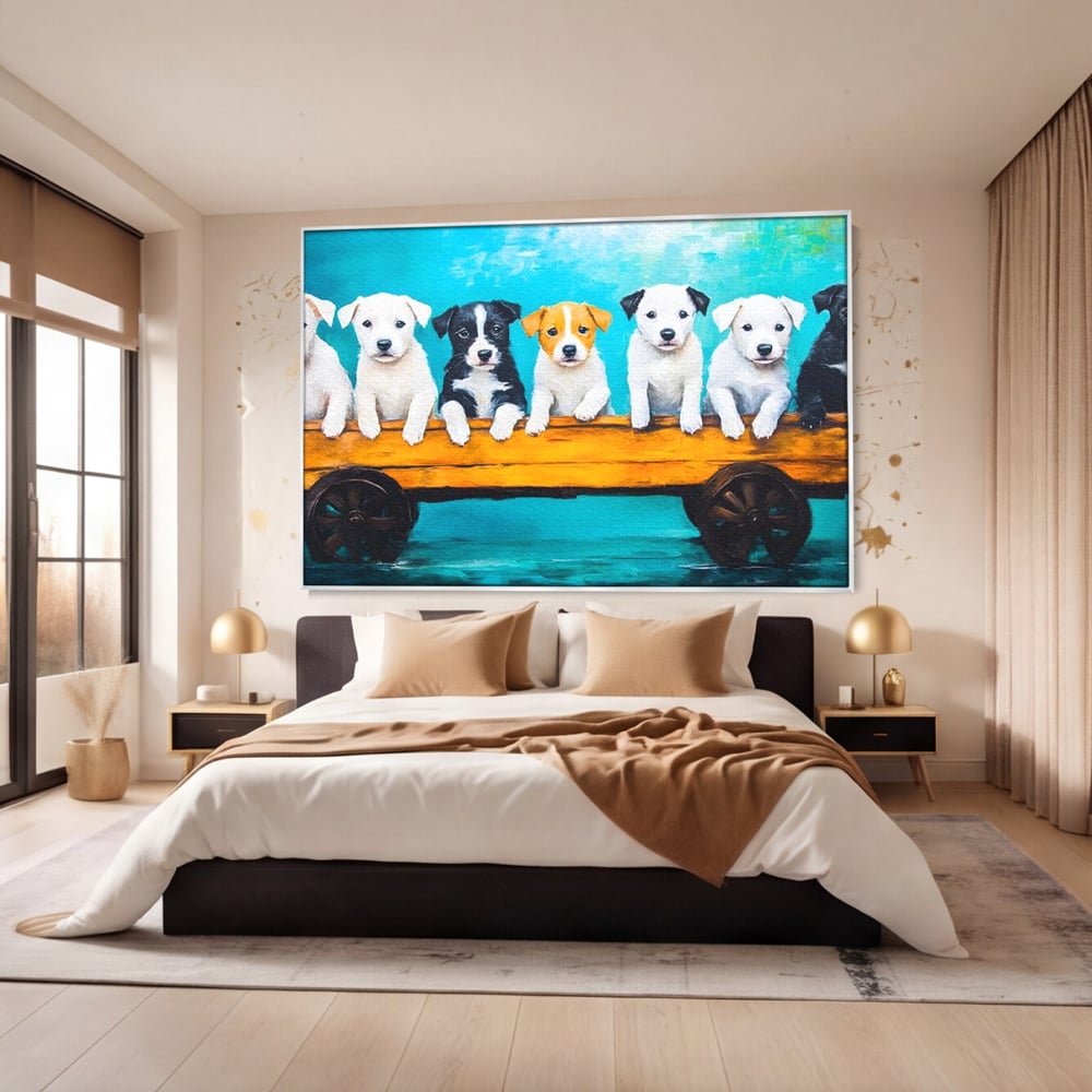 Fotoleinwand Canvas Premium, LuxCanva® M1272, Welpen-Expedition, Hunde-Expedition, Kutsche, Herr, Gruppe, Hund, Spiel, Rustikal, Freunde, Abenteuer, Abenteuer, fröhlich, Rad, Holz, Malerei, Büro, Wohnen, Wohnzimmer, Kinderzimmer