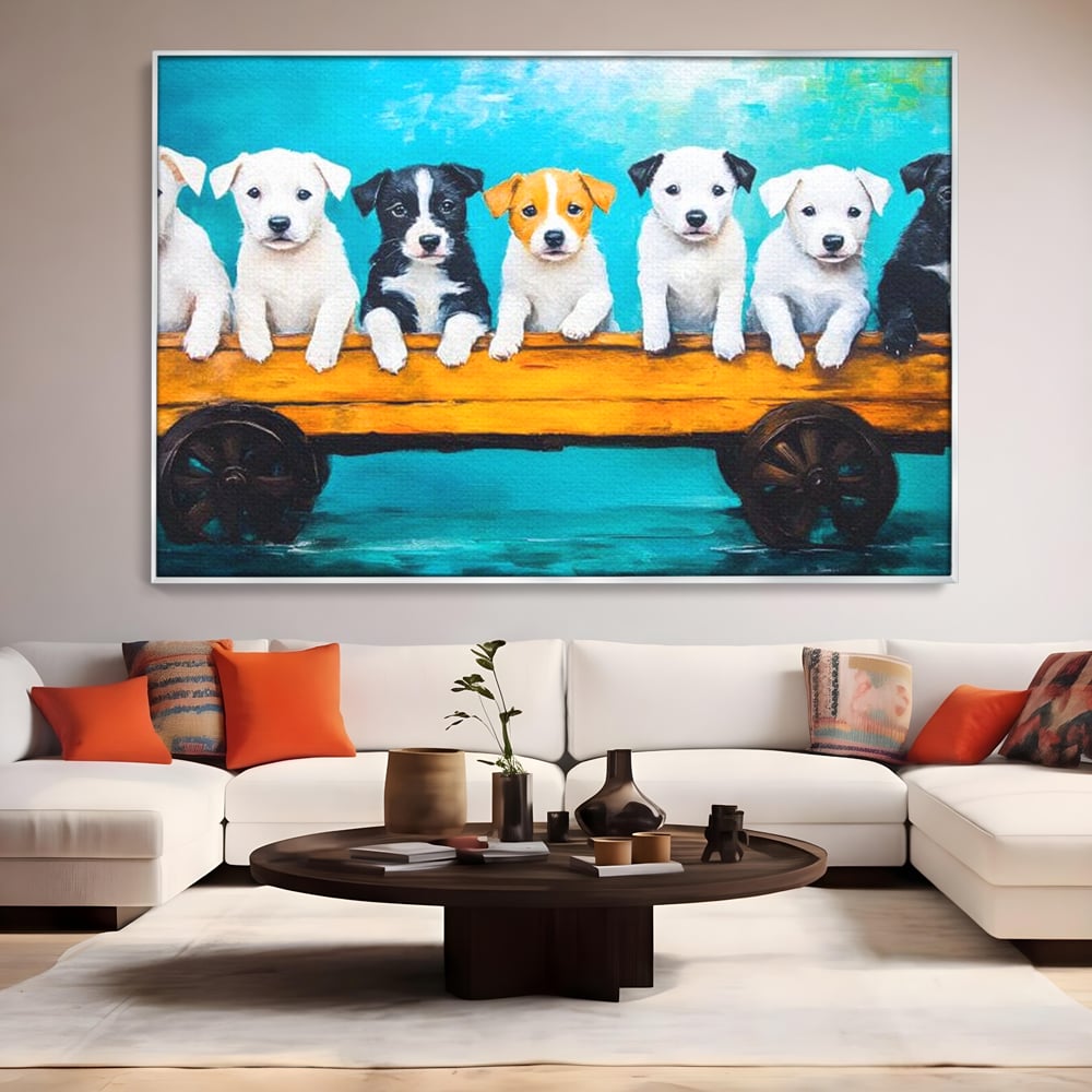 Fotoleinwand Canvas Premium, LuxCanva® M1272, Welpen-Expedition, Hunde-Expedition, Kutsche, Herr, Gruppe, Hund, Spiel, Rustikal, Freunde, Abenteuer, Abenteuer, fröhlich, Rad, Holz, Malerei, Büro, Wohnen, Wohnzimmer, Kinderzimmer