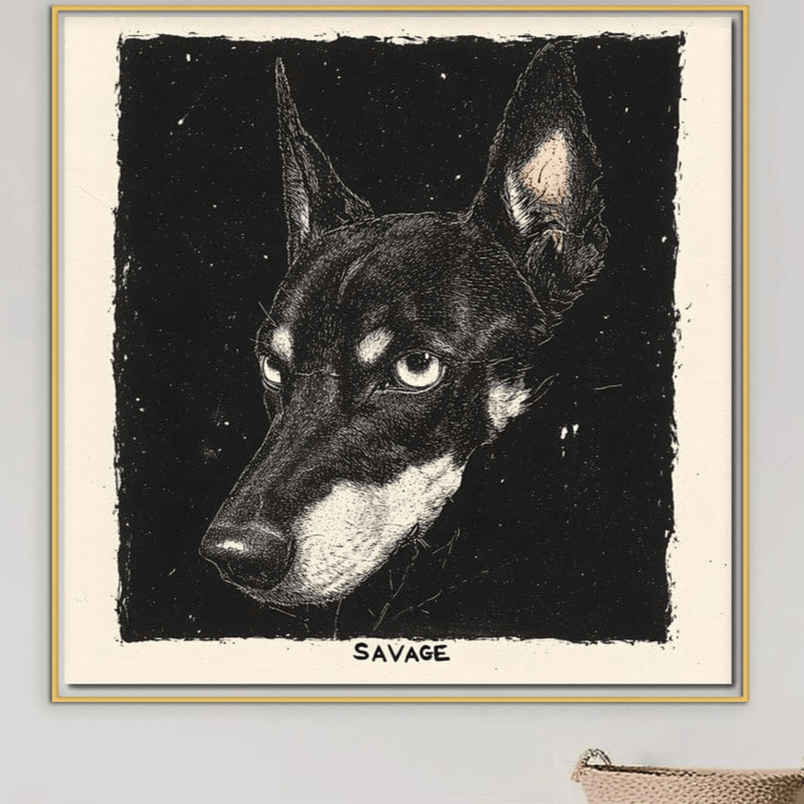 Tablou Canvas Premium LuxCanva®, Coltul Noptii, prezintă un portret vintage alb-negru al unui câine sălbatic cu urechi ascuțite pe pânză de bumbac, "SAVAGE" imprimat dedesubt, perfect pentru birou sau spații de locuit.