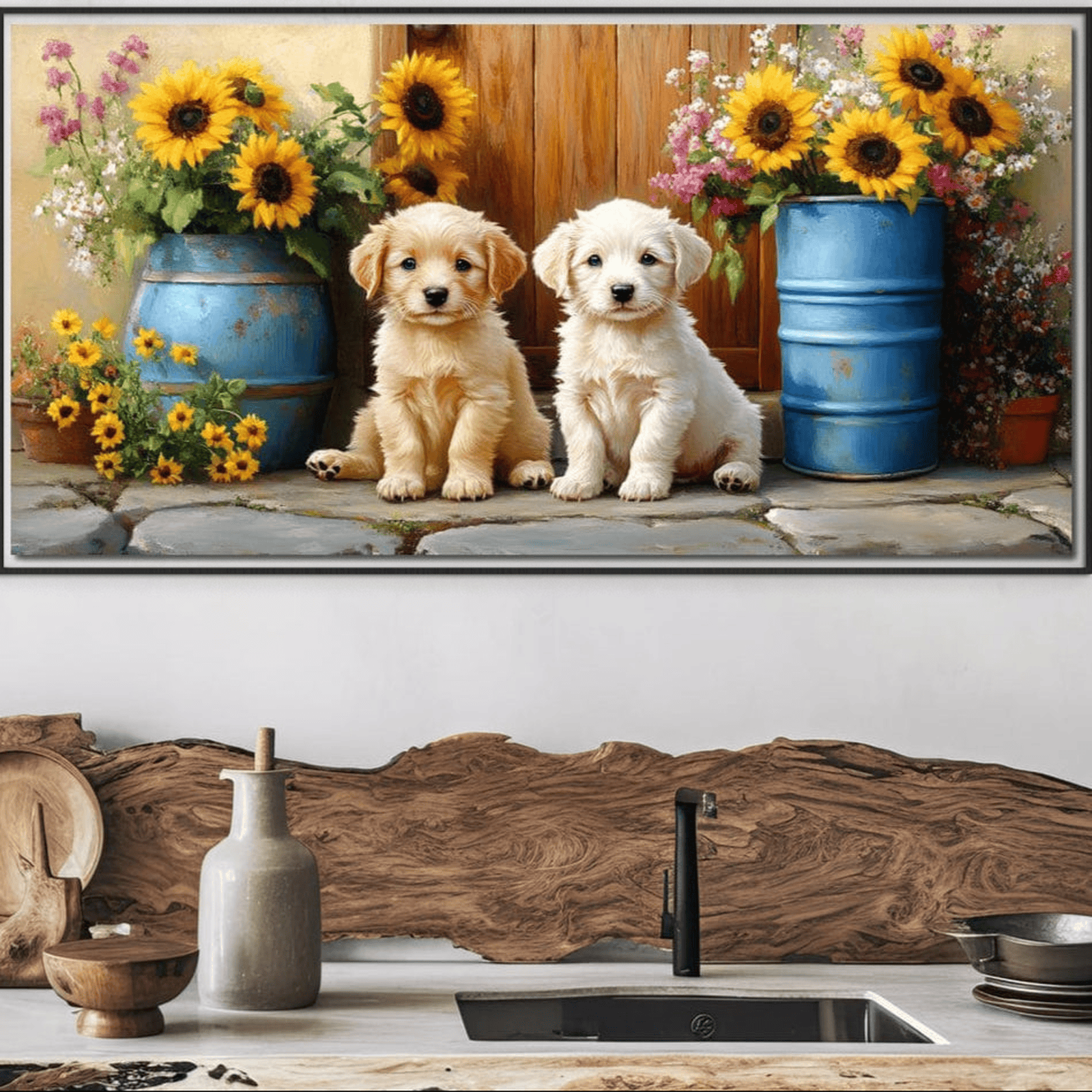 Tablou Canvas Premium, LuxCanva® M1274, Casuta Prieteniei, Veranda, Rustic, Floarea Soarelui, Copilarie, Natura, Curte, Catelusi, Dragalasi, Pui, Lumina, Birou, Living, Camera Copil