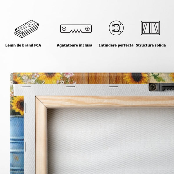 Tablou Canvas Premium, LuxCanva® M1274, Casuta Prieteniei, Veranda, Rustic, Floarea Soarelui, Copilarie, Natura, Curte, Catelusi, Dragalasi, Pui, Lumina, Birou, Living, Camera Copil