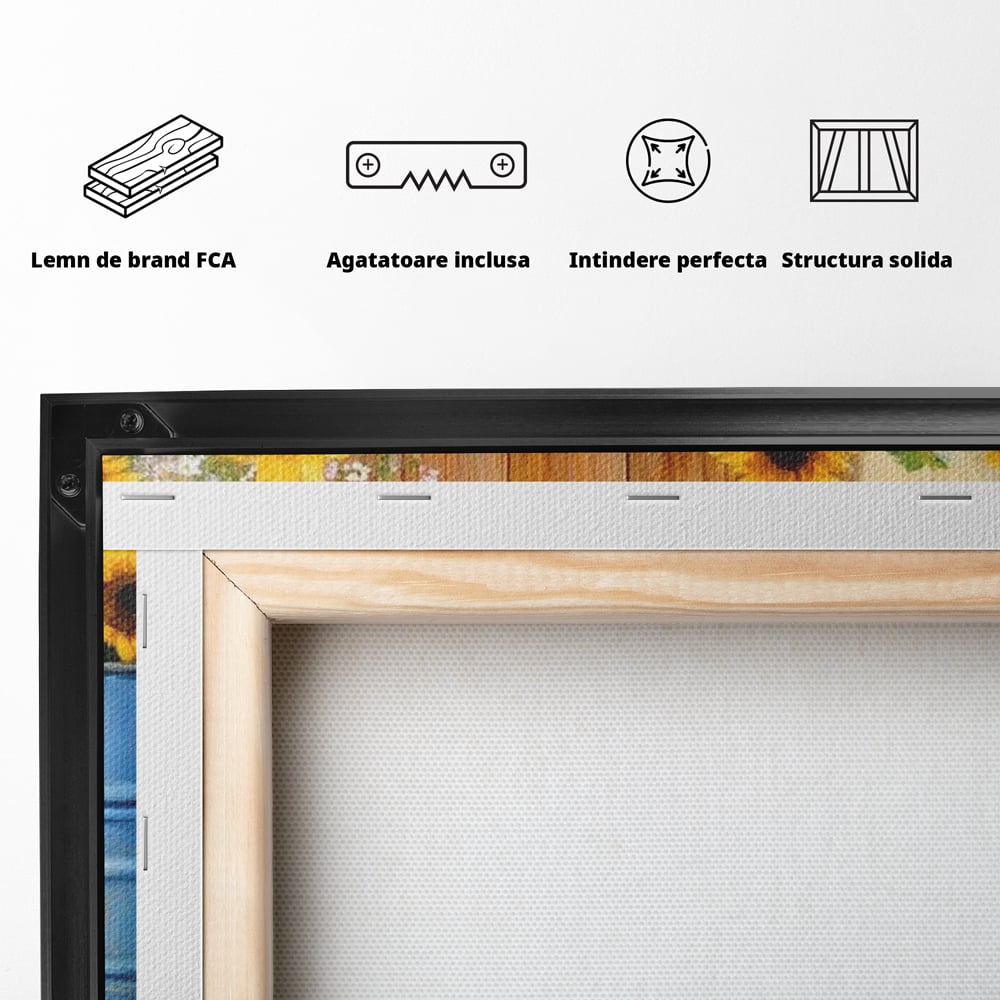 Tablou Canvas Premium, LuxCanva® M1274, Casuta Prieteniei, Veranda, Rustic, Floarea Soarelui, Copilarie, Natura, Curte, Catelusi, Dragalasi, Pui, Lumina, Birou, Living, Camera Copil