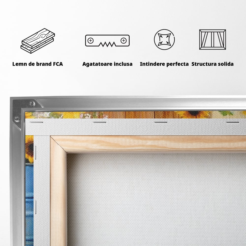 Tablou Canvas Premium, LuxCanva® M1274, Casuta Prieteniei, Veranda, Rustic, Floarea Soarelui, Copilarie, Natura, Curte, Catelusi, Dragalasi, Pui, Lumina, Birou, Living, Camera Copil