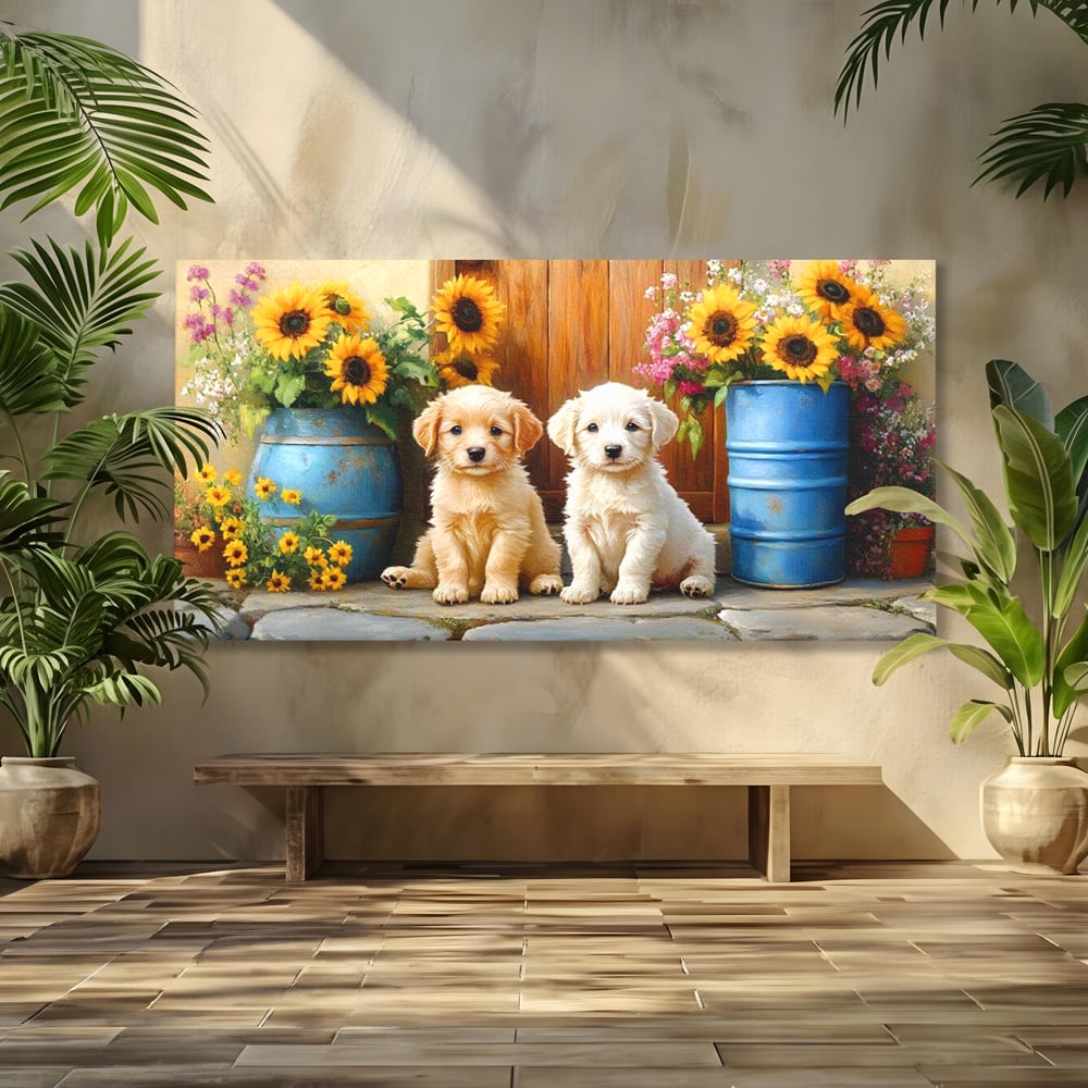Tablou Canvas Premium, LuxCanva® M1274, Casuta Prieteniei, Veranda, Rustic, Floarea Soarelui, Copilarie, Natura, Curte, Catelusi, Dragalasi, Pui, Lumina, Birou, Living, Camera Copil