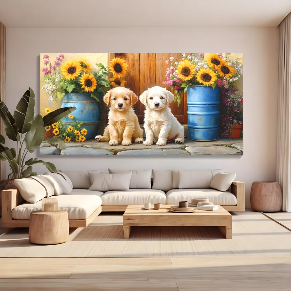 Tablou Canvas Premium, LuxCanva® M1274, Casuta Prieteniei, Veranda, Rustic, Floarea Soarelui, Copilarie, Natura, Curte, Catelusi, Dragalasi, Pui, Lumina, Birou, Living, Camera Copil