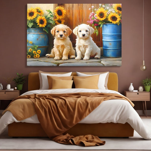 Tablou Canvas Premium, LuxCanva® M1274, Casuta Prieteniei, Veranda, Rustic, Floarea Soarelui, Copilarie, Natura, Curte, Catelusi, Dragalasi, Pui, Lumina, Birou, Living, Camera Copil