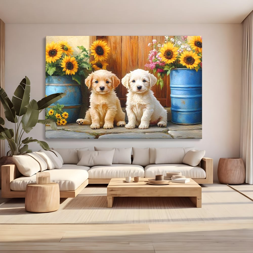 Tablou Canvas Premium, LuxCanva® M1274, Casuta Prieteniei, Veranda, Rustic, Floarea Soarelui, Copilarie, Natura, Curte, Catelusi, Dragalasi, Pui, Lumina, Birou, Living, Camera Copil