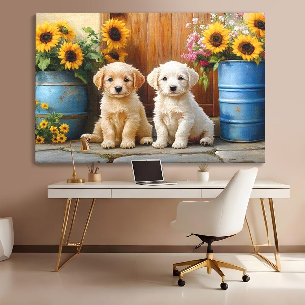 Tablou Canvas Premium, LuxCanva® M1274, Casuta Prieteniei, Veranda, Rustic, Floarea Soarelui, Copilarie, Natura, Curte, Catelusi, Dragalasi, Pui, Lumina, Birou, Living, Camera Copil