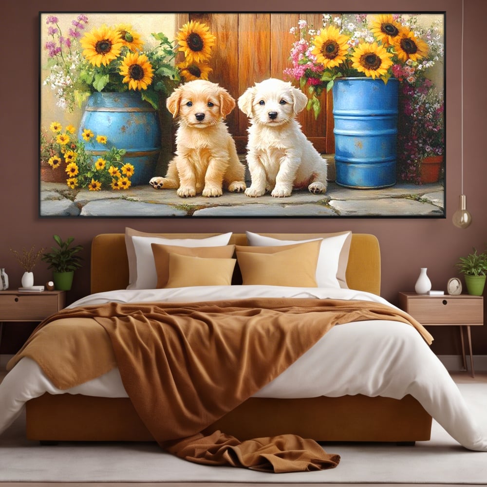 Tablou Canvas Premium, LuxCanva® M1274, Casuta Prieteniei, Veranda, Rustic, Floarea Soarelui, Copilarie, Natura, Curte, Catelusi, Dragalasi, Pui, Lumina, Birou, Living, Camera Copil