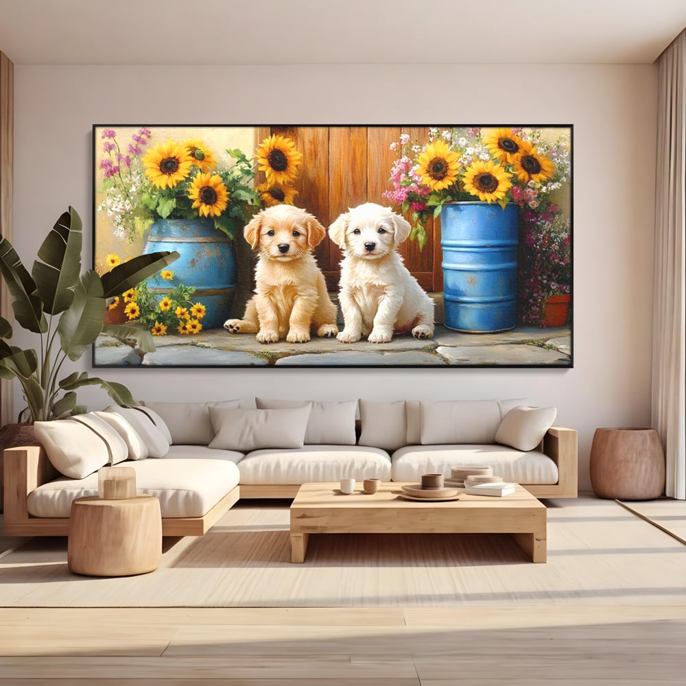 Tablou Canvas Premium, LuxCanva® M1274, Casuta Prieteniei, Veranda, Rustic, Floarea Soarelui, Copilarie, Natura, Curte, Catelusi, Dragalasi, Pui, Lumina, Birou, Living, Camera Copil