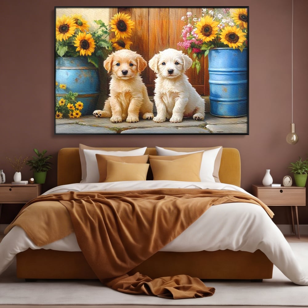 Tablou Canvas Premium, LuxCanva® M1274, Casuta Prieteniei, Veranda, Rustic, Floarea Soarelui, Copilarie, Natura, Curte, Catelusi, Dragalasi, Pui, Lumina, Birou, Living, Camera Copil