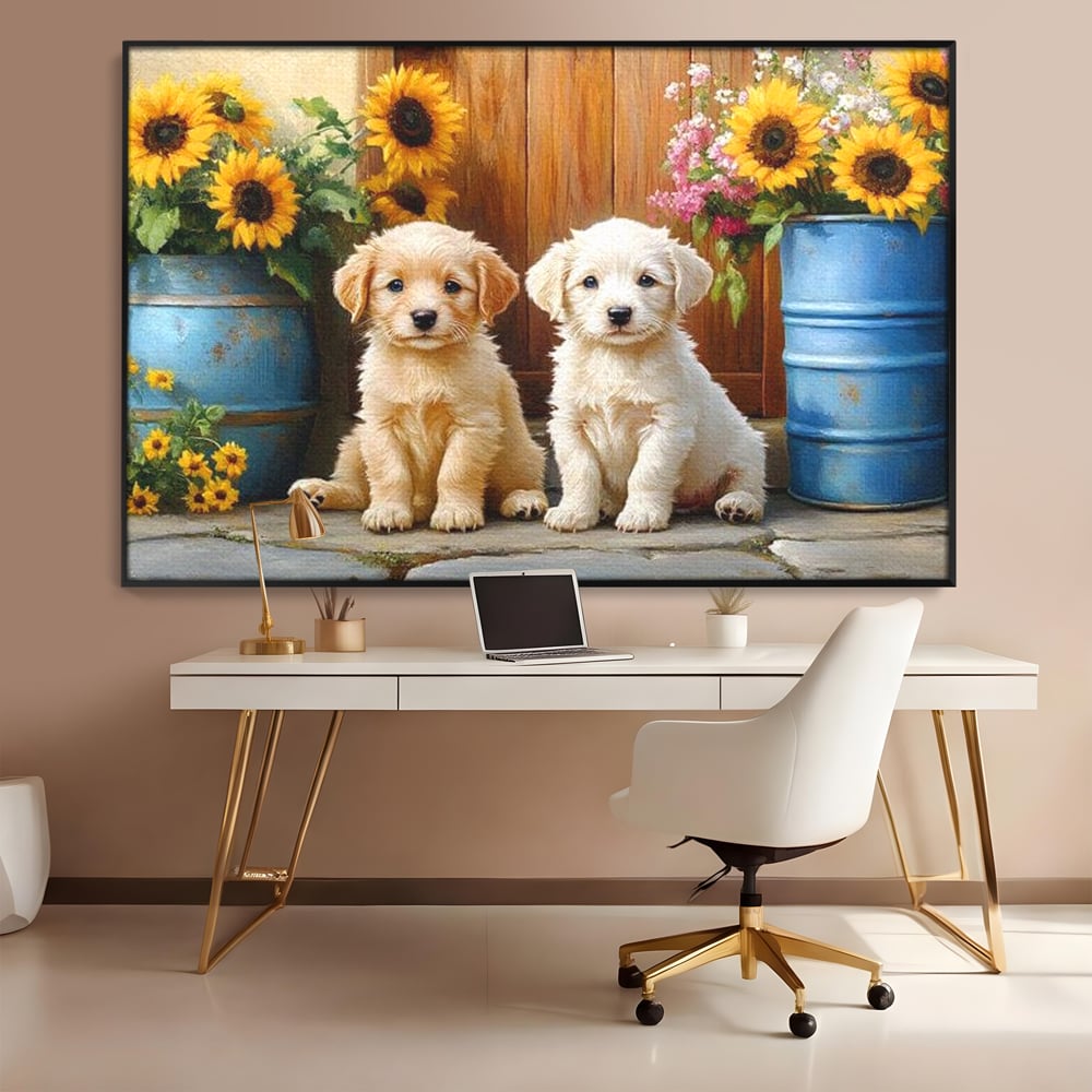 Tablou Canvas Premium, LuxCanva® M1274, Casuta Prieteniei, Veranda, Rustic, Floarea Soarelui, Copilarie, Natura, Curte, Catelusi, Dragalasi, Pui, Lumina, Birou, Living, Camera Copil
