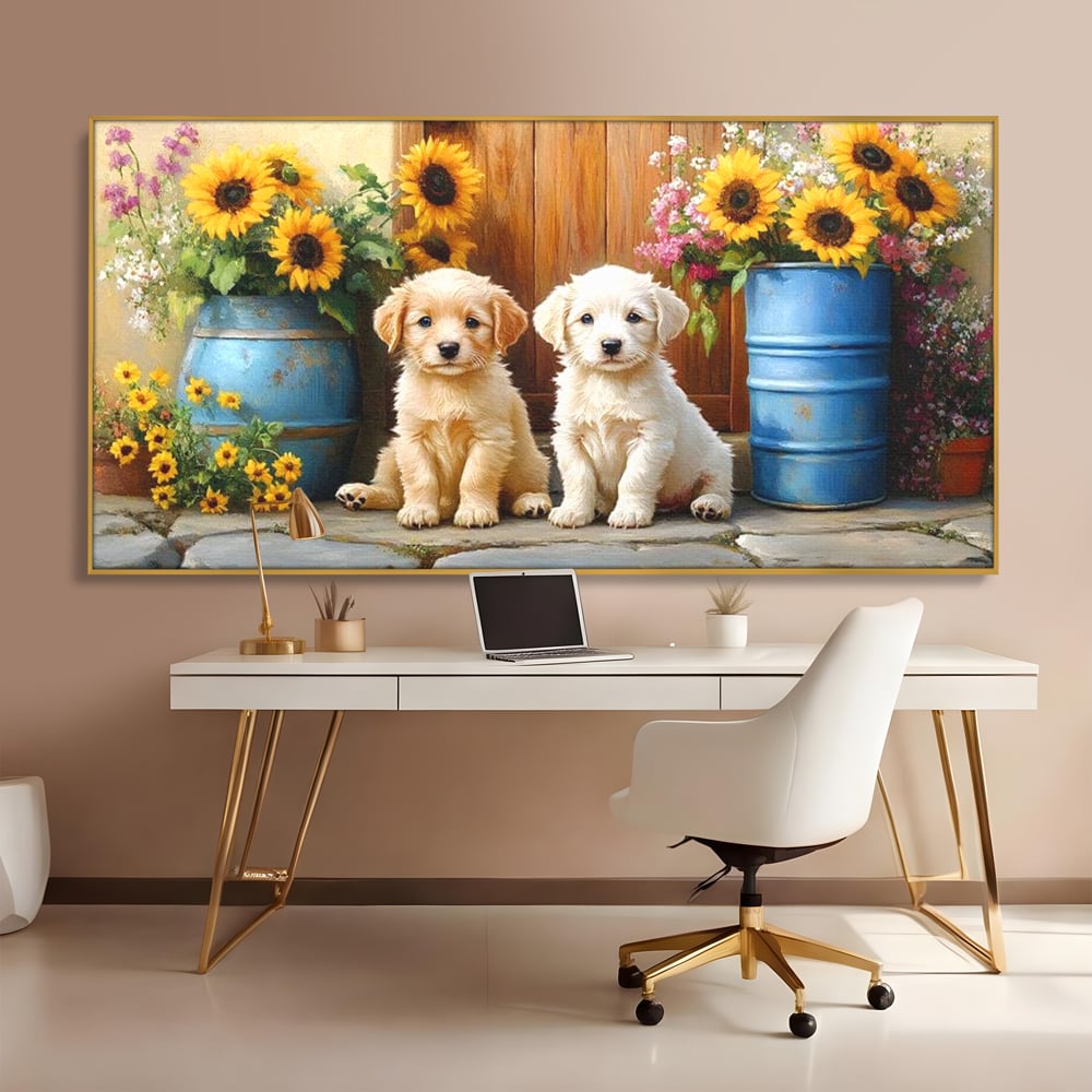 Tablou Canvas Premium, LuxCanva® M1274, Casuta Prieteniei, Veranda, Rustic, Floarea Soarelui, Copilarie, Natura, Curte, Catelusi, Dragalasi, Pui, Lumina, Birou, Living, Camera Copil