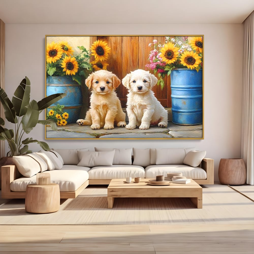 Tablou Canvas Premium, LuxCanva® M1274, Casuta Prieteniei, Veranda, Rustic, Floarea Soarelui, Copilarie, Natura, Curte, Catelusi, Dragalasi, Pui, Lumina, Birou, Living, Camera Copil