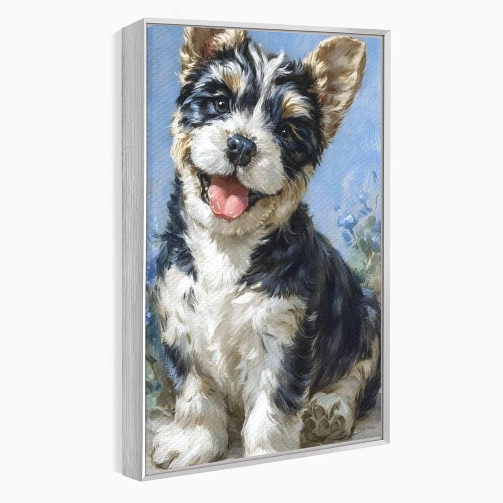 Tablou Canvas Premium, LuxCanva® M1276, Invitatie la Joaca, Zambet, Bucurie, Blanita, Prieten, Cuminte, Privire, Pictura, Flori, Catelus, Joaca, Birou, Living, Camera Copil