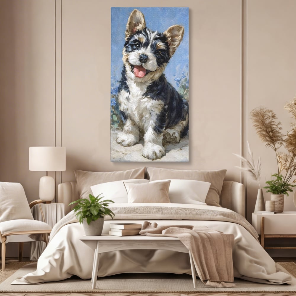 Tablou Canvas Premium, LuxCanva® M1276, Invitatie la Joaca, Zambet, Bucurie, Blanita, Prieten, Cuminte, Privire, Pictura, Flori, Catelus, Joaca, Birou, Living, Camera Copil
