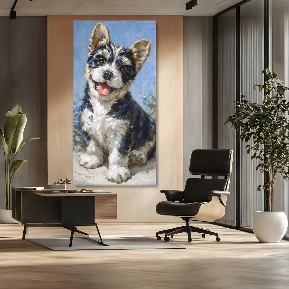 Tablou Canvas Premium, LuxCanva® M1276, Invitatie la Joaca, Zambet, Bucurie, Blanita, Prieten, Cuminte, Privire, Pictura, Flori, Catelus, Joaca, Birou, Living, Camera Copil