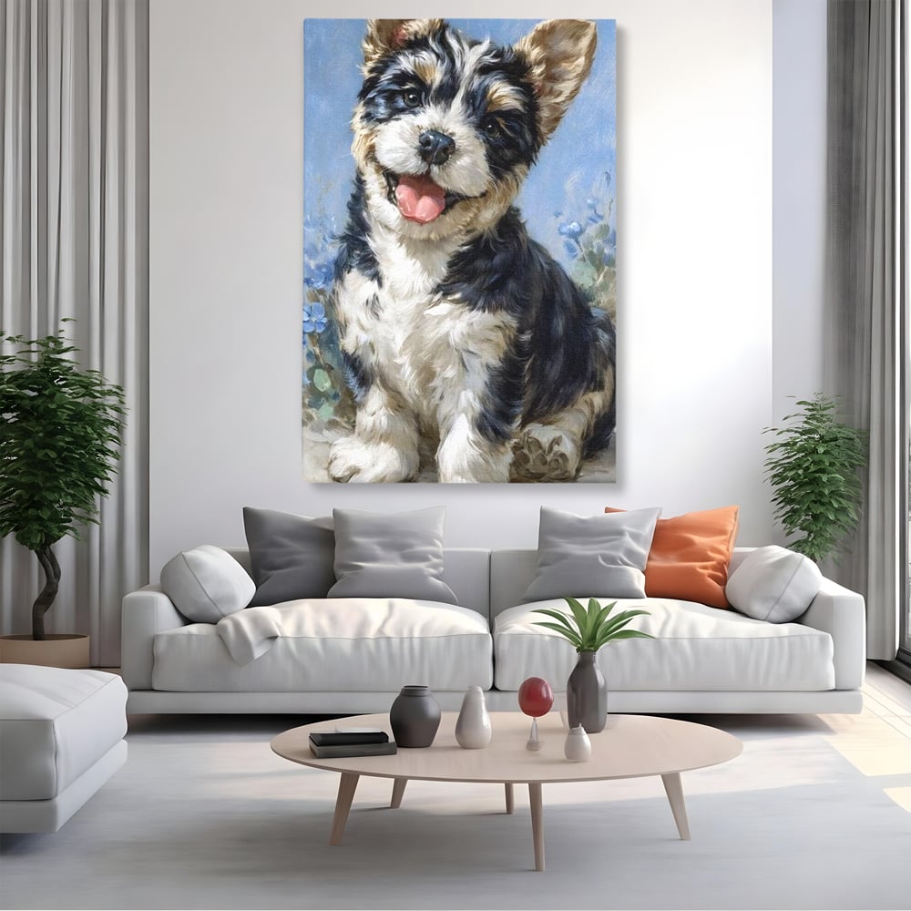 Tablou Canvas Premium, LuxCanva® M1276, Invitatie la Joaca, Zambet, Bucurie, Blanita, Prieten, Cuminte, Privire, Pictura, Flori, Catelus, Joaca, Birou, Living, Camera Copil