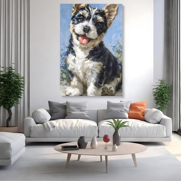 Tablou Canvas Premium, LuxCanva® M1276, Invitatie la Joaca, Zambet, Bucurie, Blanita, Prieten, Cuminte, Privire, Pictura, Flori, Catelus, Joaca, Birou, Living, Camera Copil