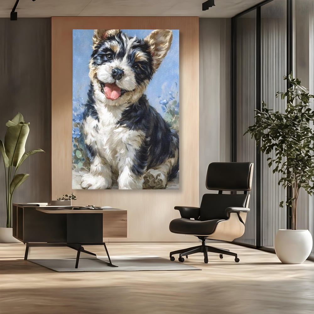 Tablou Canvas Premium, LuxCanva® M1276, Invitatie la Joaca, Zambet, Bucurie, Blanita, Prieten, Cuminte, Privire, Pictura, Flori, Catelus, Joaca, Birou, Living, Camera Copil