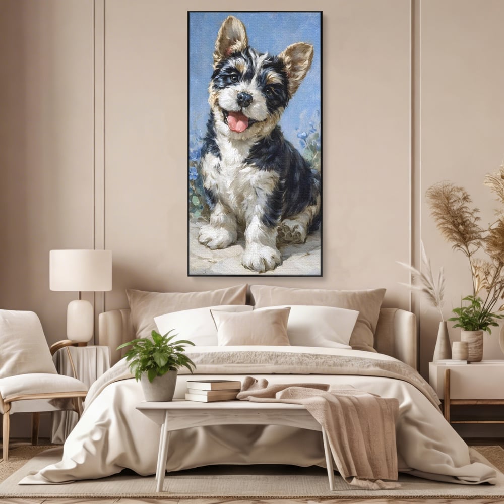 Tablou Canvas Premium, LuxCanva® M1276, Invitatie la Joaca, Zambet, Bucurie, Blanita, Prieten, Cuminte, Privire, Pictura, Flori, Catelus, Joaca, Birou, Living, Camera Copil
