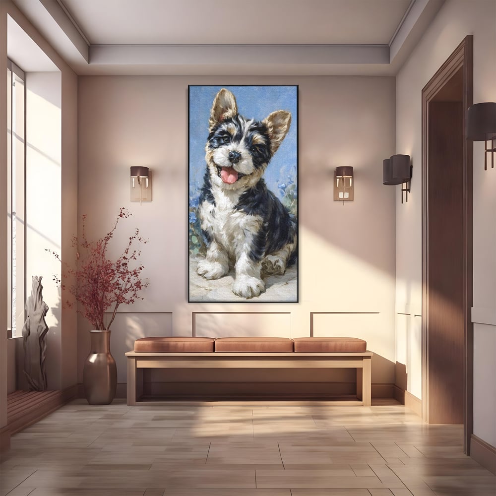 Tablou Canvas Premium, LuxCanva® M1276, Invitatie la Joaca, Zambet, Bucurie, Blanita, Prieten, Cuminte, Privire, Pictura, Flori, Catelus, Joaca, Birou, Living, Camera Copil